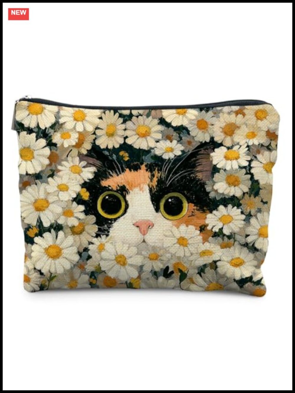 Cute Cat Floral Makeup Bag Linen Canvas Zipper Pouch Travel Toiletry Organizer